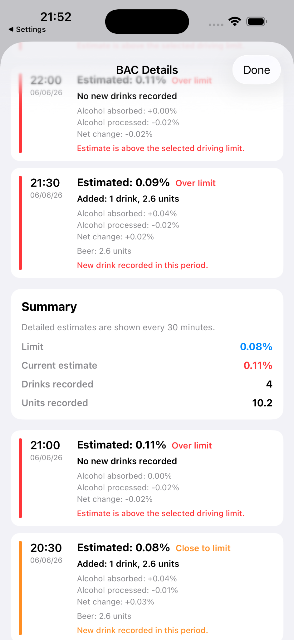 BAC details screen