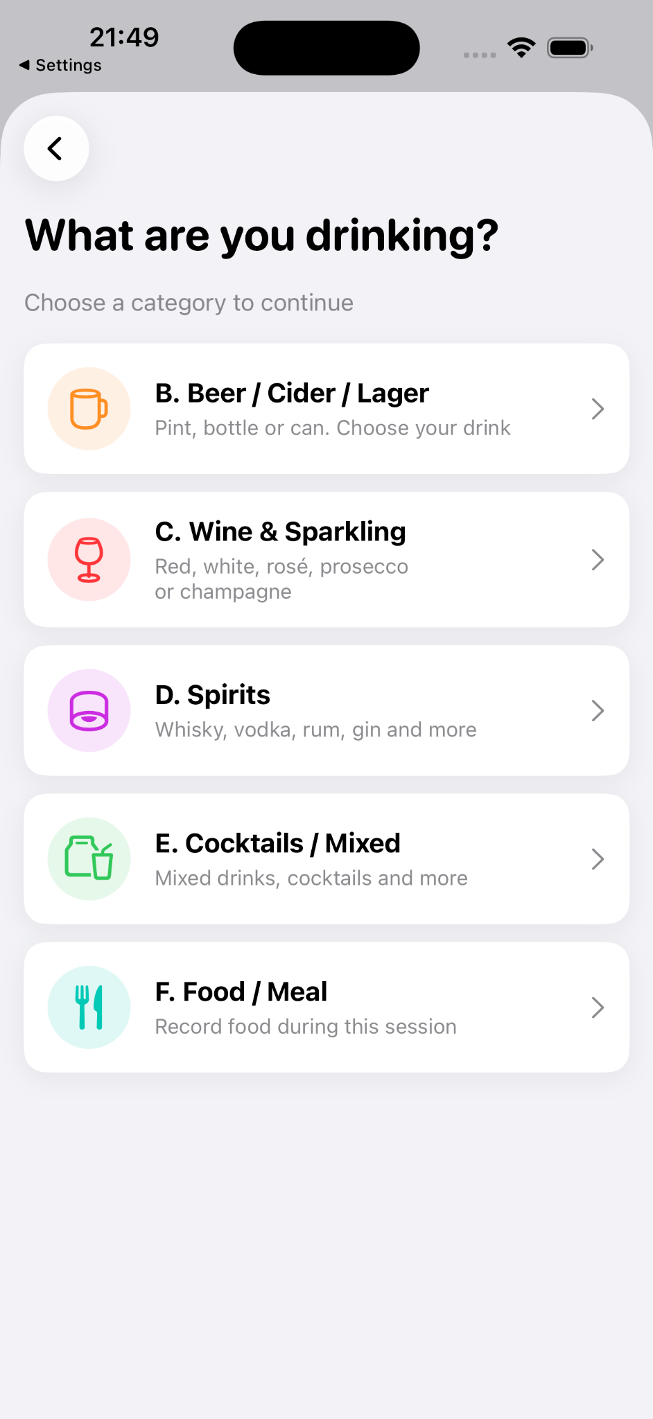 Choose drink screen