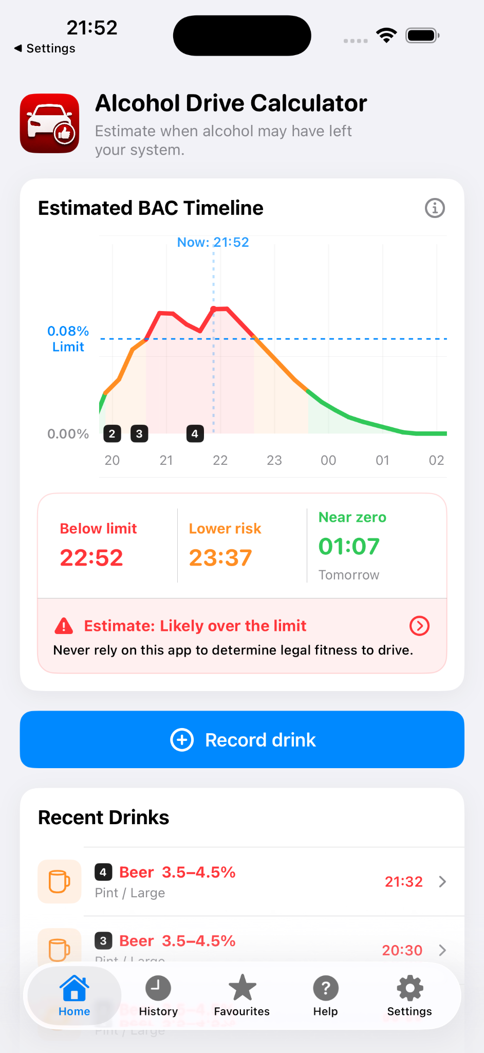 Estimated BAC timeline screen