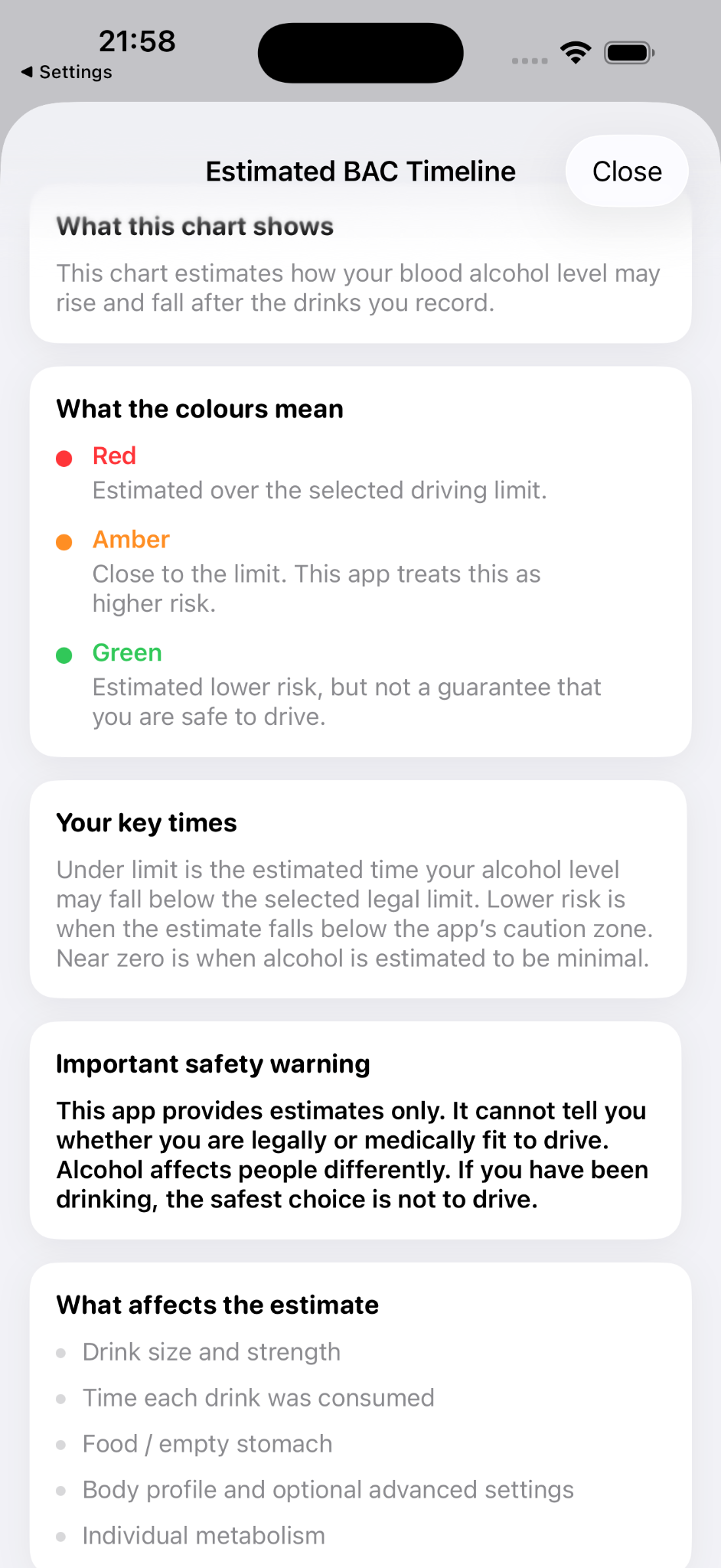 When2DriveSober safety information screen