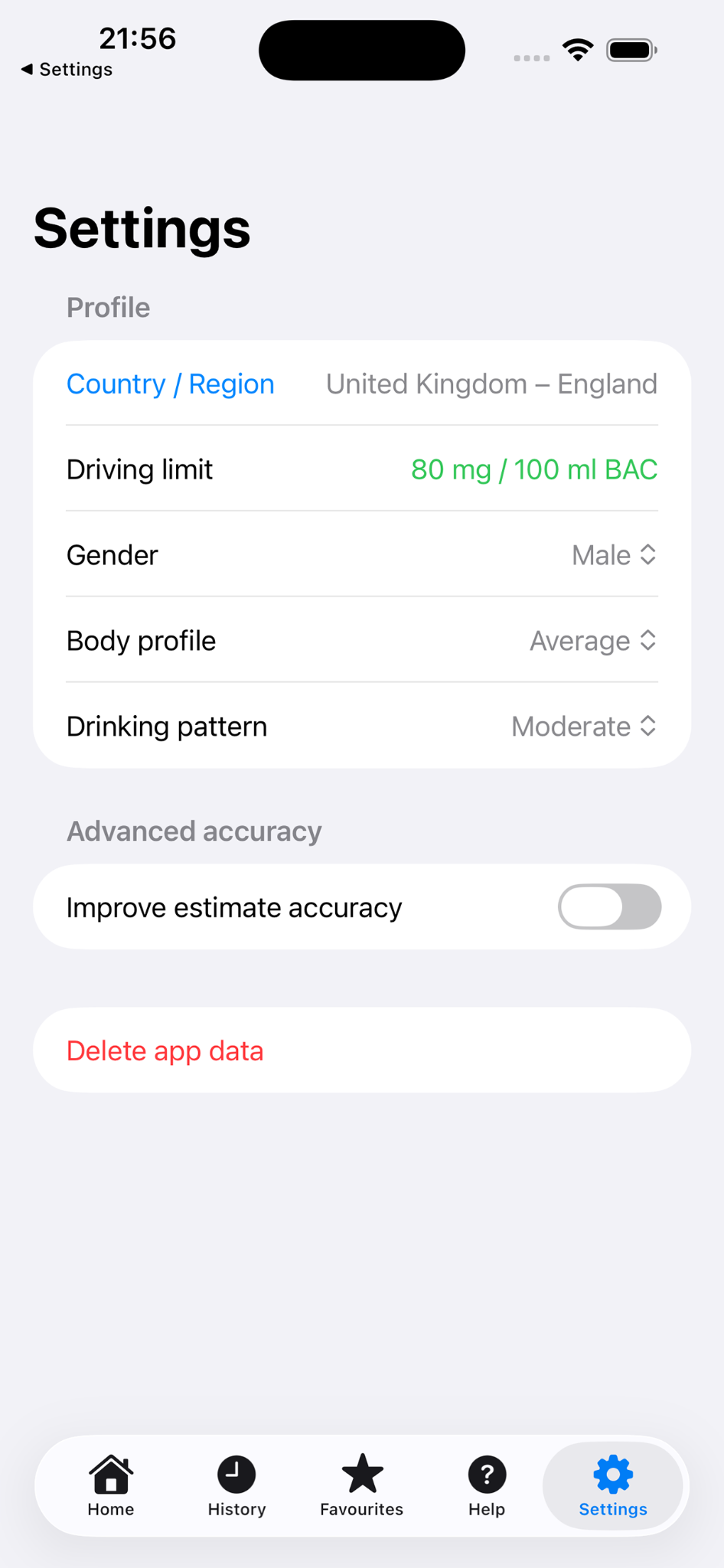 Settings screen with driving limit